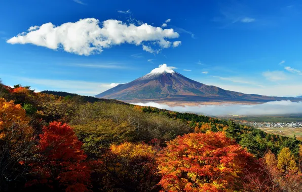 Picture autumn, the sky, clouds, trees, hills, Japan, valley, mount Fuji