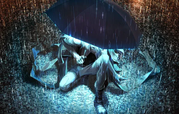 Picture light, night, umbrella, rain, umbrella, art, puddles, guy