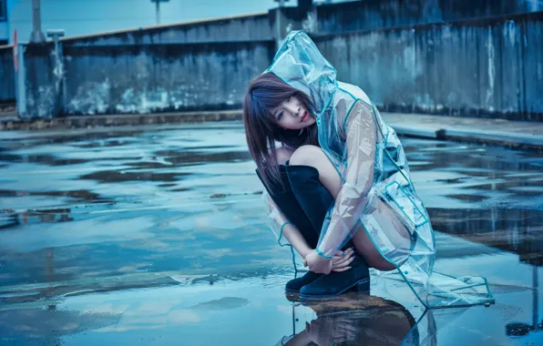 Picture look, face, rain, puddle, Asian, sitting