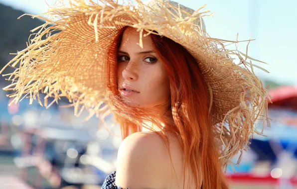 Picture look, girl, face, portrait, hat, freckles, red, redhead