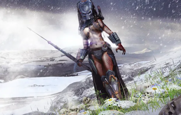 Winter, girl, snow, flowers, weapons, predator, armor