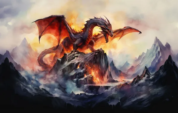 Mountains, rocks, fire, flame, dragon, smoke, tops, wings