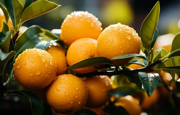 Leaves, drops, nature, tree, moisture, oranges, branch, harvest