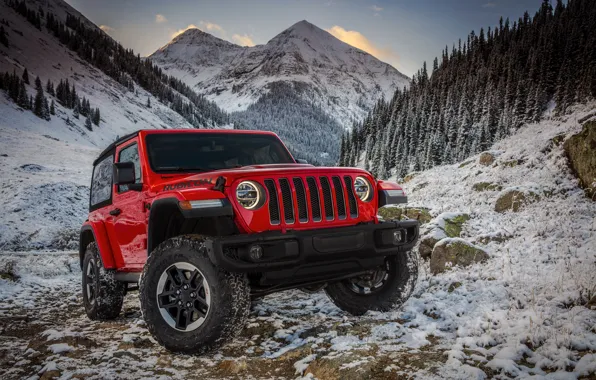 Snow, red, stones, the front, 2018, Jeep, Wrangler Rubicon