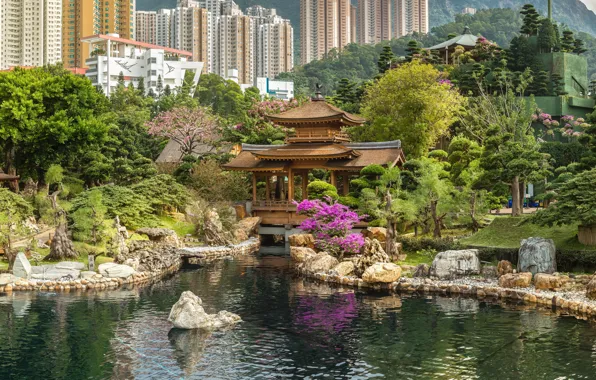 Pond, Park, stones, building, home, Hong Kong, China, pagoda