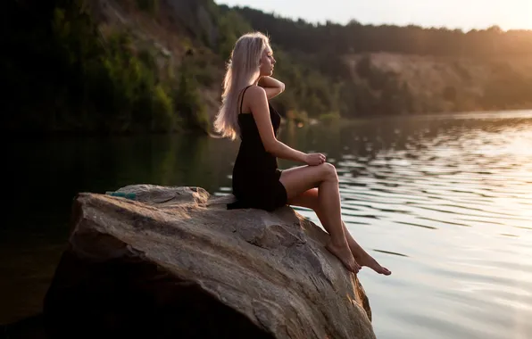 The sun, landscape, pose, river, model, portrait, makeup, figure