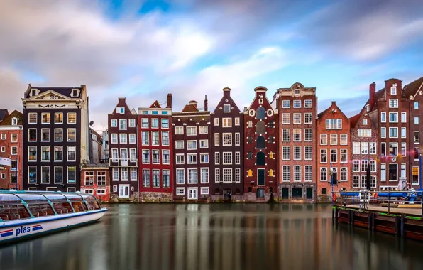 The sky, clouds, home, pier, Amsterdam, boat, channel, Netherlands