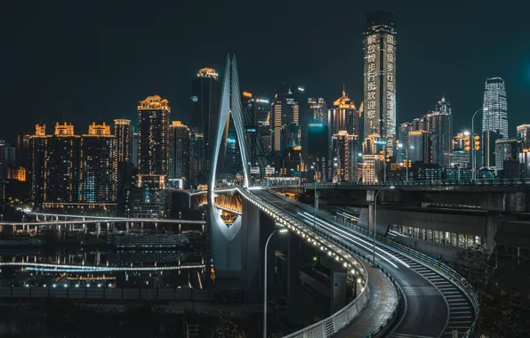 Picture city, lights, China, bridge, night, Asia, Chongqing