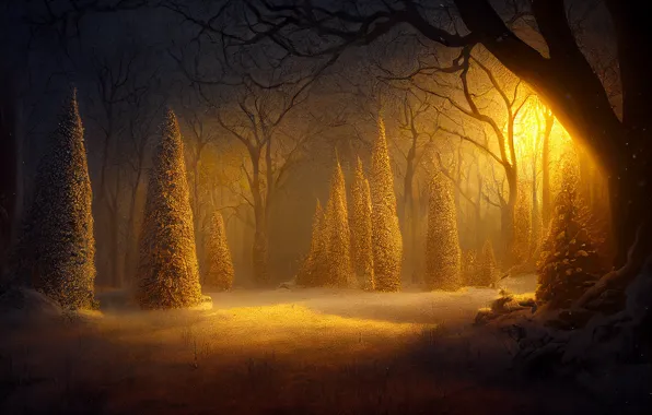 Winter, forest, the sun, light, snow, landscape, sunset, rendering
