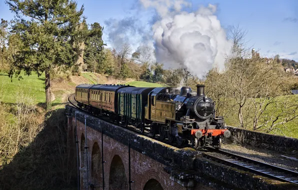 Bridge, smoke, train, the engine, cars