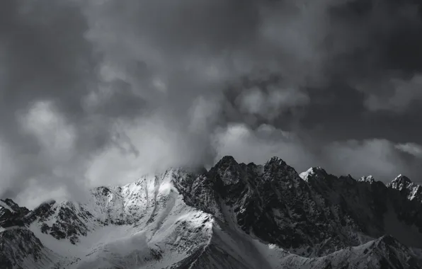 Picture winter, the sky, clouds, snow, mountains, nature, rocks, black and white