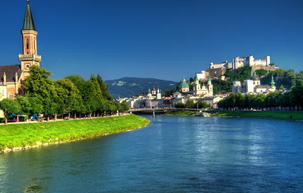 Picture trees, bridge, castle, Austria, Cathedral, promenade, Austria, Salzburg