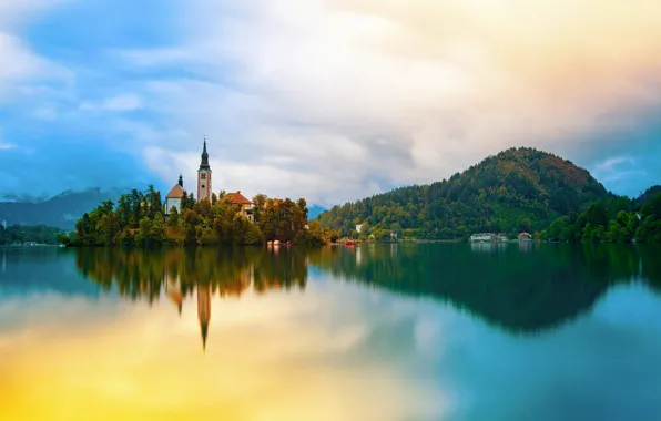 Landscape, mountains, nature, lake, Church, island, Slovenia, Bled