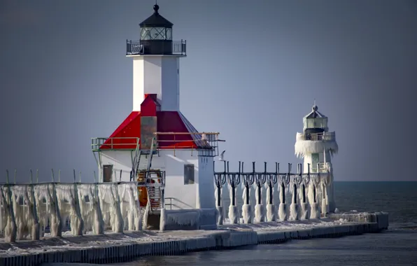 Lighthouse, ice, frozen, lighthouse, St.Joseph, lake Michigan