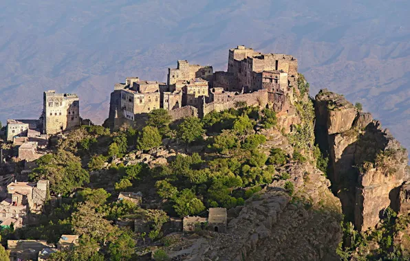 Picture mountains, stones, village, Yemen