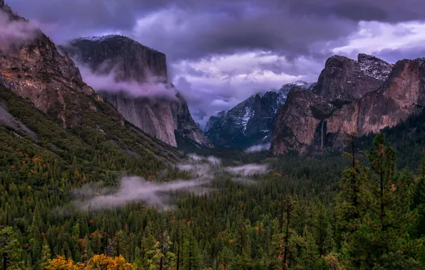 Clouds, trees, landscape, mountains, nature, CA, haze, USA