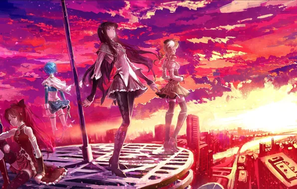 The sky, clouds, sunset, the city, weapons, girls, building, home