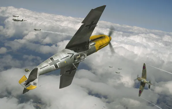 The sky, figure, art, aircraft, dogfight, WW2, British, German