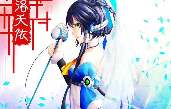 Girl, headphones, art, characters, curtains, microphone, vocaloid, luo tianyi