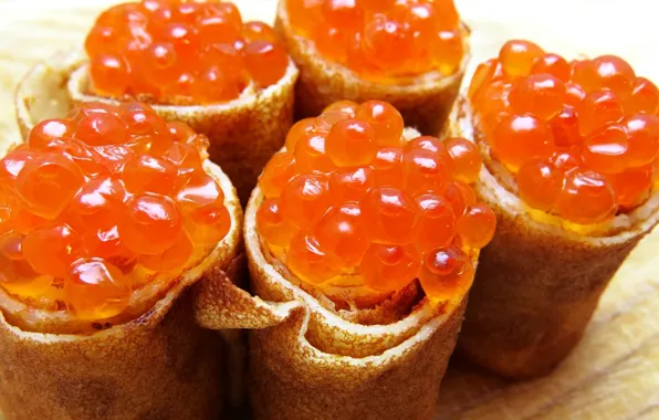 Macro, pancakes, caviar, rolls