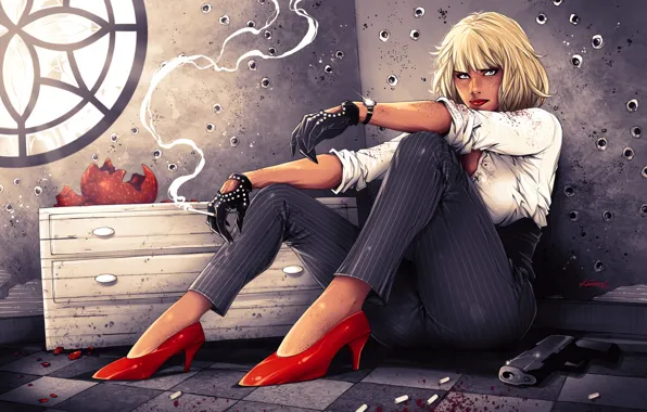 Picture girl, gun, Charlize Theron, blonde, cigarette, shoes, art, pants