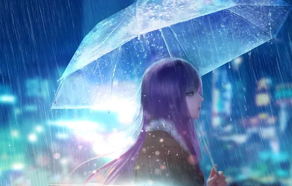 Girl, the city, rain, street, umbrella