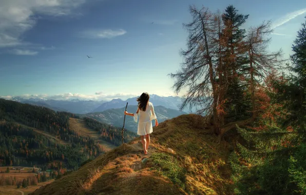 Picture forest, the sky, girl, the sun, mountains, hills, back, view