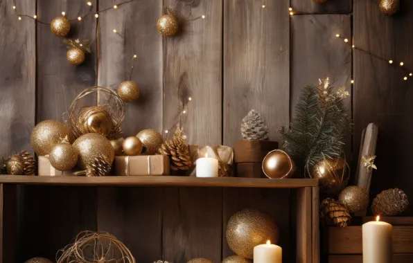 Balls, gold, Board, Christmas, New year, gold plated, gold, Christmas decorations
