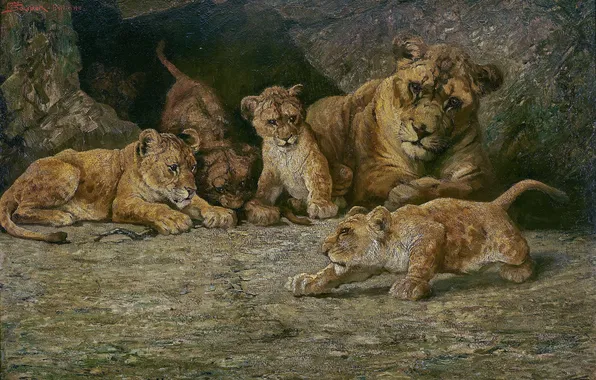 Picture Lioness, Kittens, Picture, Lions, Predators, Kids, Cubs, Austrian artist