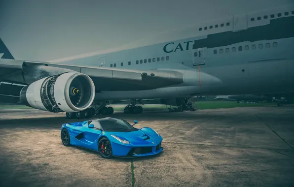 Ferrari, Blue, Front, Supercar, LaFerrari, Plane, Runway