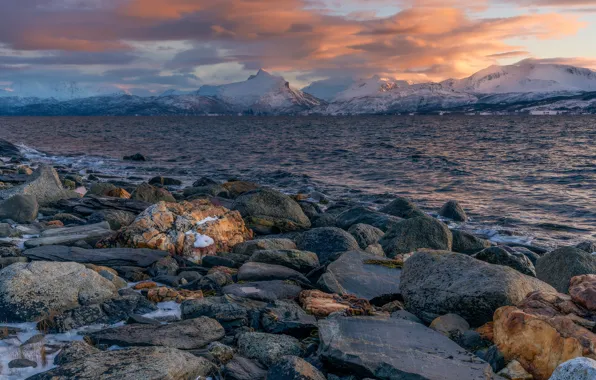 Picture winter, the sky, water, clouds, snow, mountains, stones, rocks