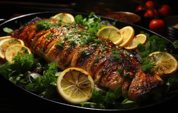 Greens, the dark background, meat, tomatoes, lemons, pan, grilled meat, AI art