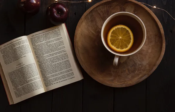 Picture table, lemon, tea, Apple, mug, book, garland, Joanna Kosinska