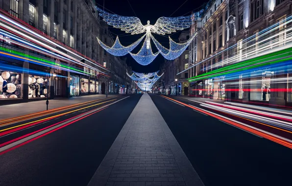 Picture city, lights, christmas, road, night, street, angels, London