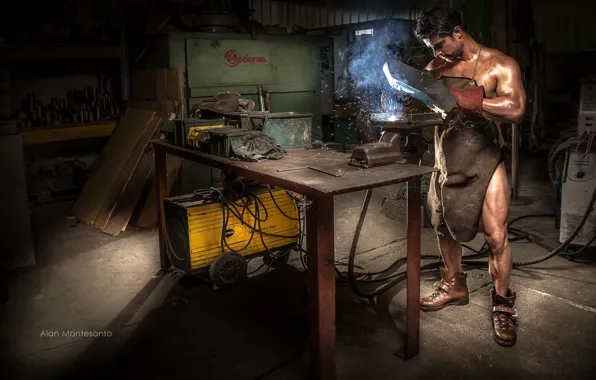 Picture male, naked, apron, welding machine, welder