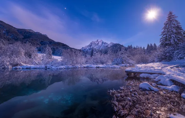 Picture winter, light, snow, mountains, night, lake, the moon