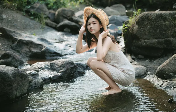 Rock, Beautiful, Asian, Model, Water, Woman, Hat, Pretty