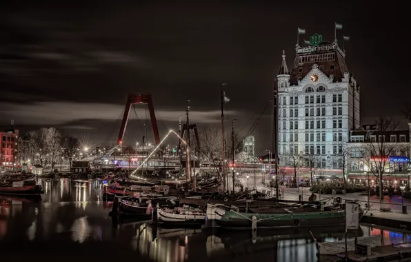 Night, lights, Netherlands, harbour, old town, Rotterdam