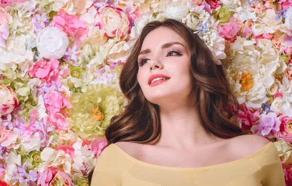 Flowers, background, portrait, makeup, hairstyle, brown hair, beauty, bokeh