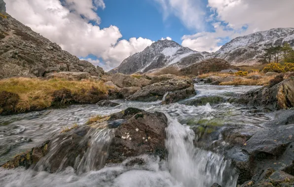 The sky, clouds, river, stones, stream, Wales, Snowdonia, mount