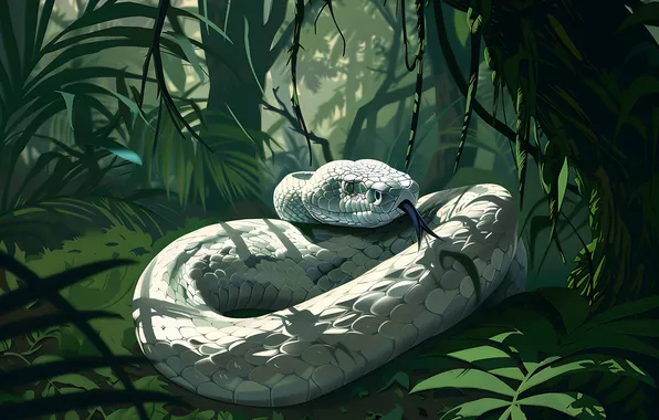 Snake, Trees, White, Jungle, Art, Reptile, Animal, Digital art