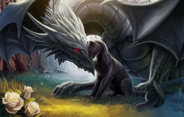 Love, flowers, dragon, Panther, art