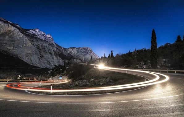 Picture road, the sky, stars, line, mountains, lights