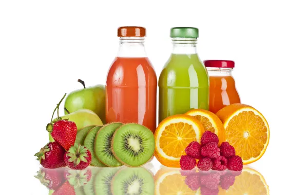 Picture reflection, raspberry, oranges, kiwi, strawberry, natural juice, bottle
