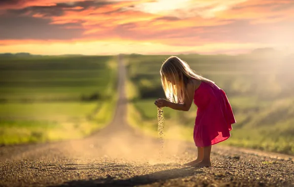 Road, dust, dress, space, girl, bokeh