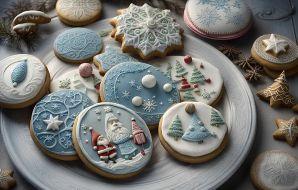 Table, patterns, blue, cookies, plate, Christmas, New year, Santa Claus