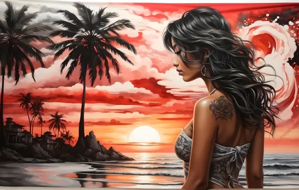 Picture sea, girl, palm trees, tattoo, painting, imitation painting, AI art, neural network