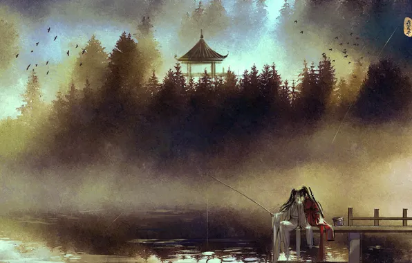 Forest, lake, fishing, China, two, rod