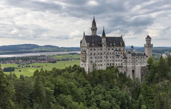 Forest, the sky, clouds, mountains, castle, overcast, hills, view
