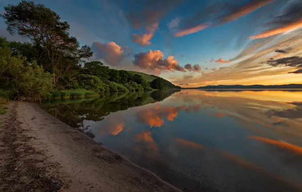Shore, light, sky, trees, landscape, sunset, water, Scotland